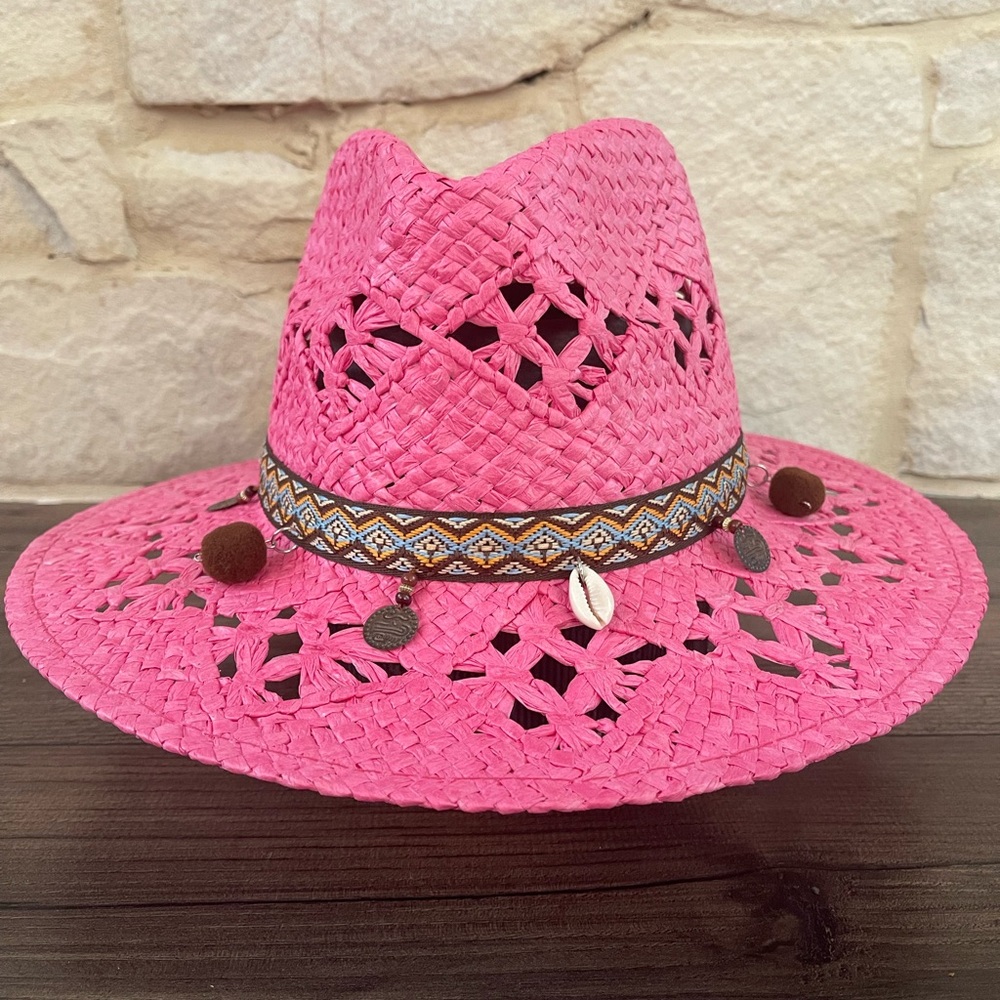 Vibrant Pink Woven Sun Hat with Decorative Band